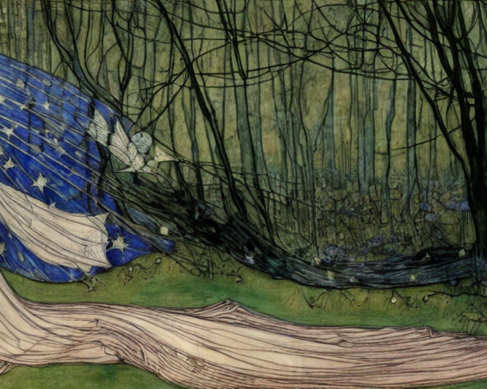 Woman in flowing gown with star-spangled blue cape beside dark forest