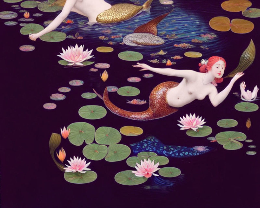 Red-haired mermaid in dark pond with koi fish and lotus flowers