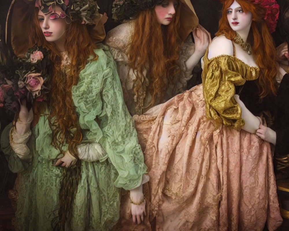 Vintage floral-themed dresses on three women with rose, in mystical setting