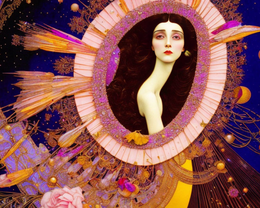 Vibrant surreal illustration of woman in pink oval with cosmic and floral designs