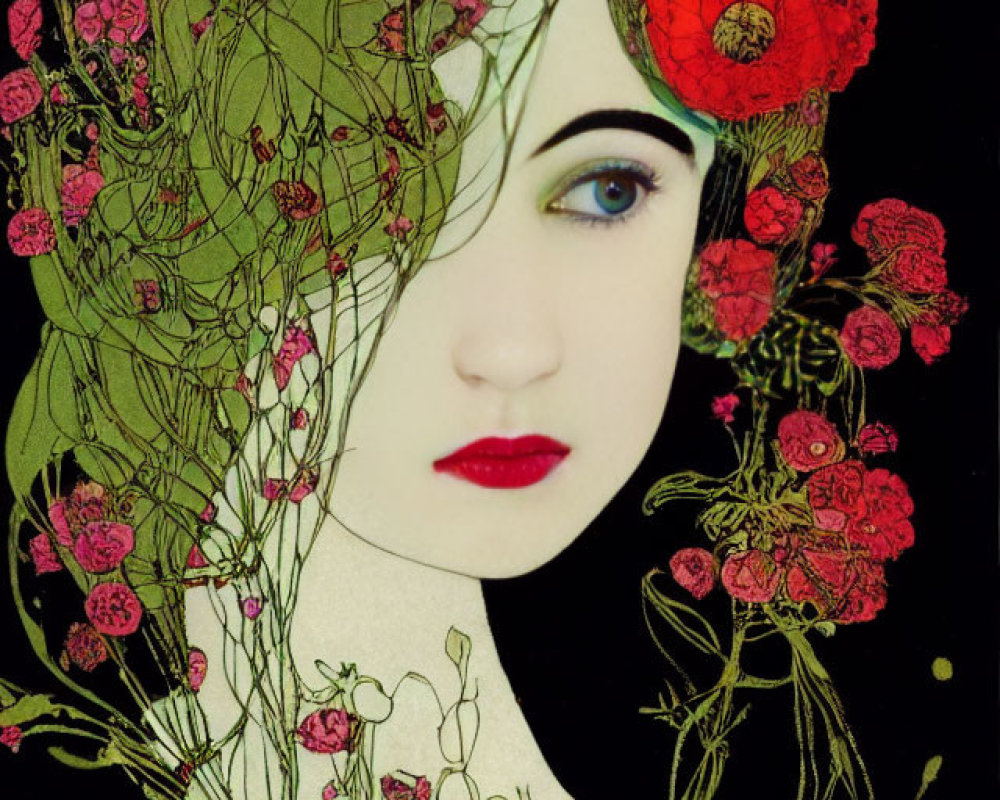 Illustrated female figure with red flowers and greenery in hair on black background in Art Nouveau style