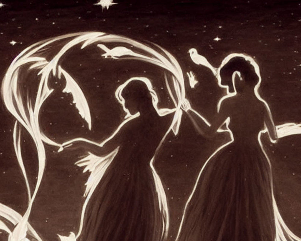 Silhouetted figures dance with scarves under starry sky