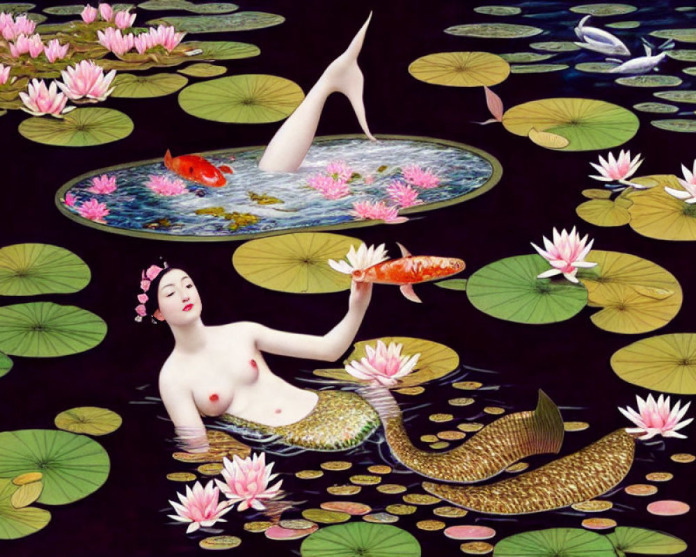 Stylized mermaid painting with fish, lily pads, lotuses, and koi fish