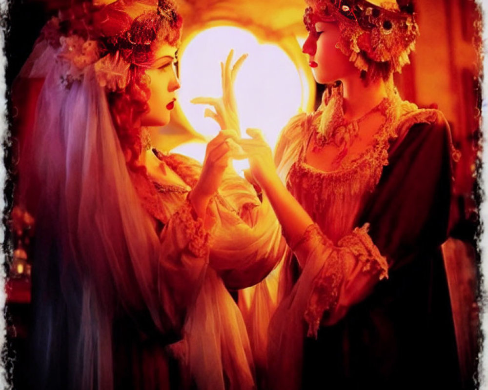 Two women in vintage costumes with ornate headdresses touching hands under warm light