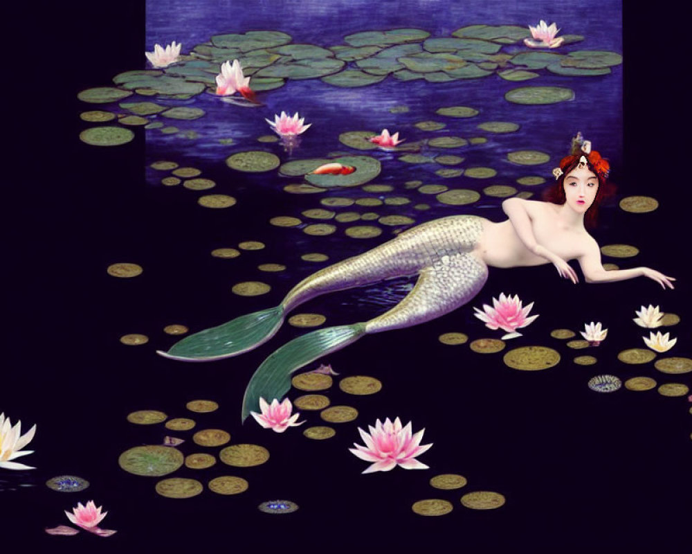Mermaid illustration with white and green tail in pond with lily pads, lotus flowers, gold
