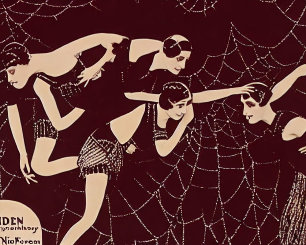Vintage poster with five flapper dancers in cobweb setting