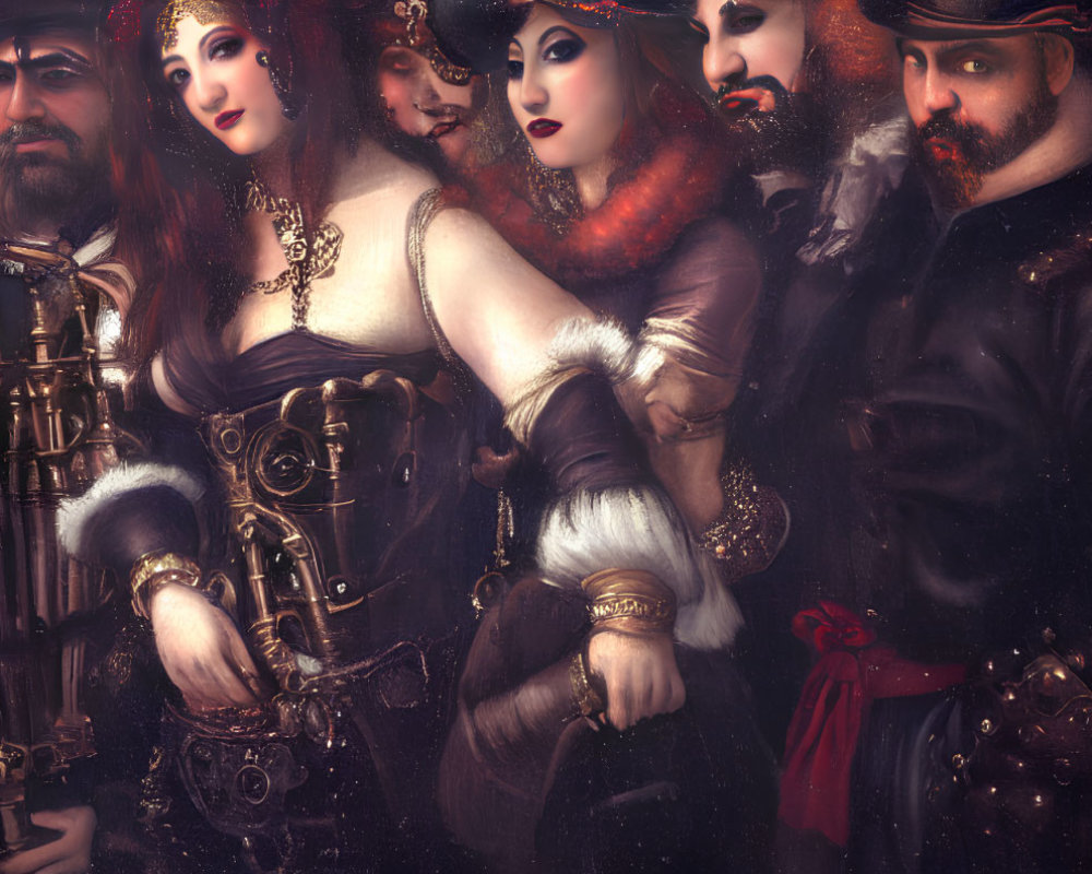 Detailed Renaissance-era group painting with rich costumes and expressive faces