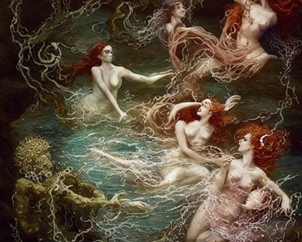 Four ethereal mermaids in mystical underwater ambiance