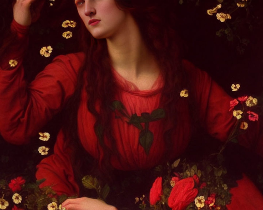Red-haired woman in red dress among dark foliage and roses, Pre-Raphaelite style