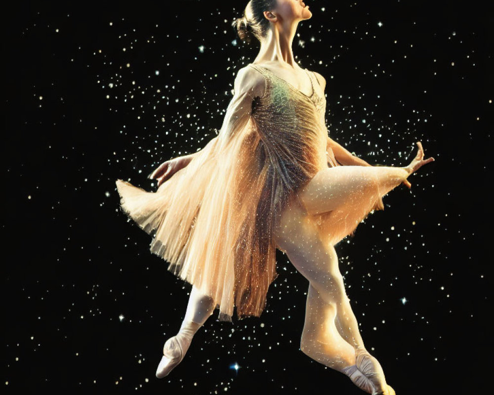 Ballet dancer in glittering costume mid-twirl on starry background