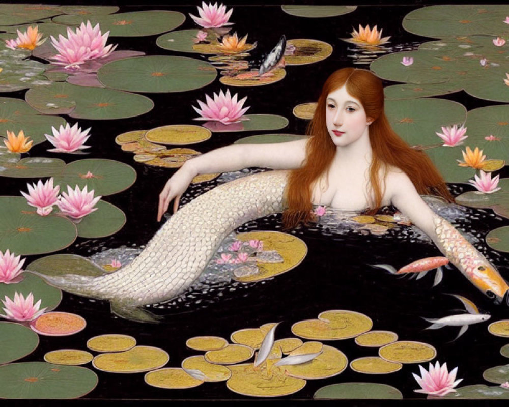 Red-haired mermaid relaxing with koi fish and water lilies in dark pond