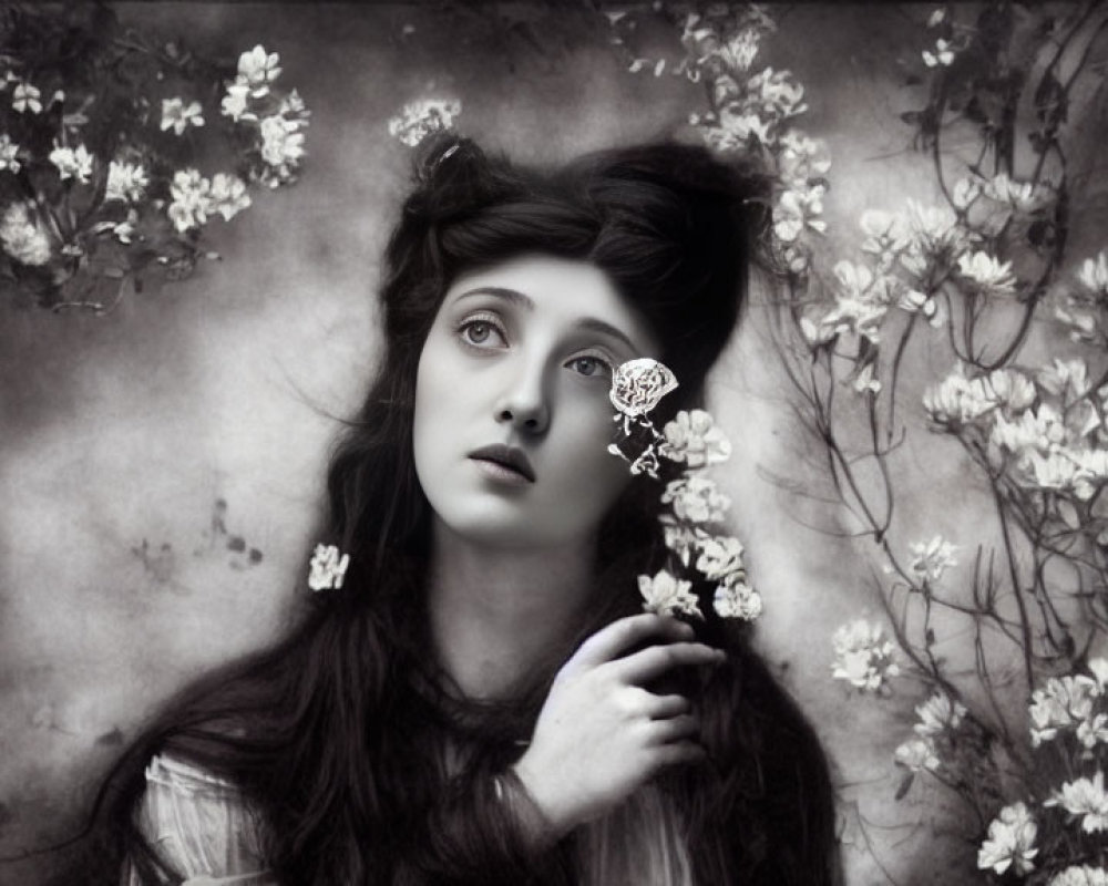 Monochrome portrait of young woman with flowers in hair, looking dreamy
