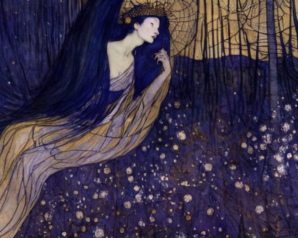 Art Nouveau style illustration of woman in blue robes amid stars