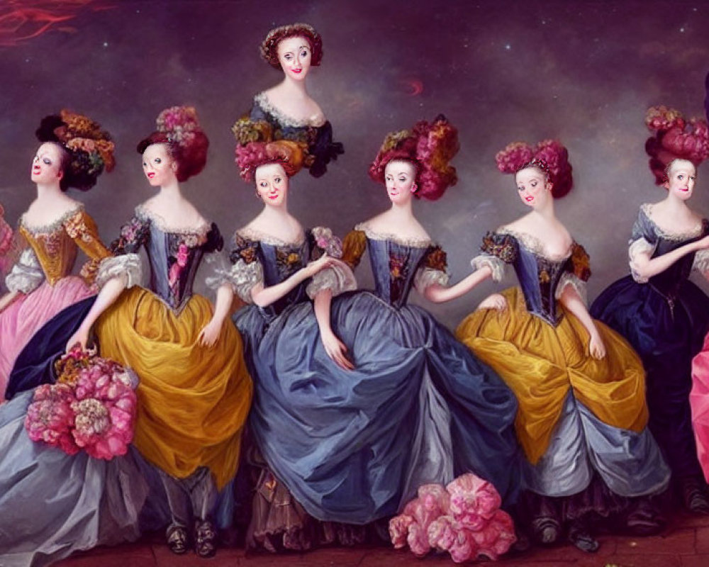 Multiple women in elaborate 18th-century gowns against a whimsical backdrop