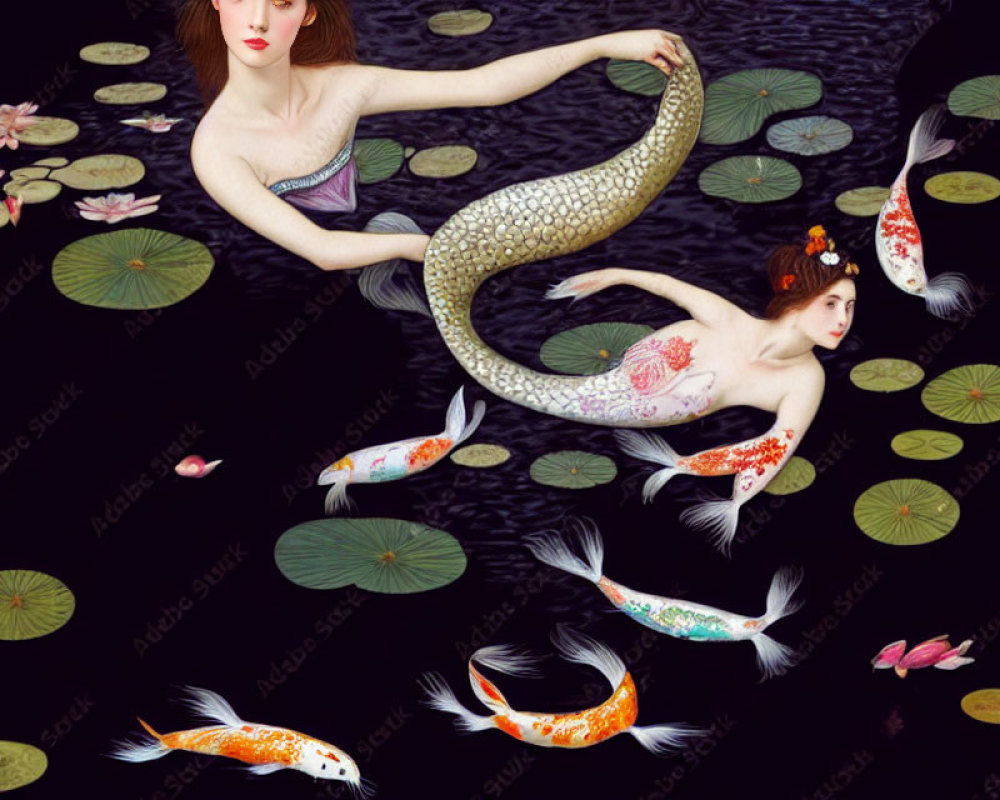 Two mermaids in dark pond with water lilies & koi fish