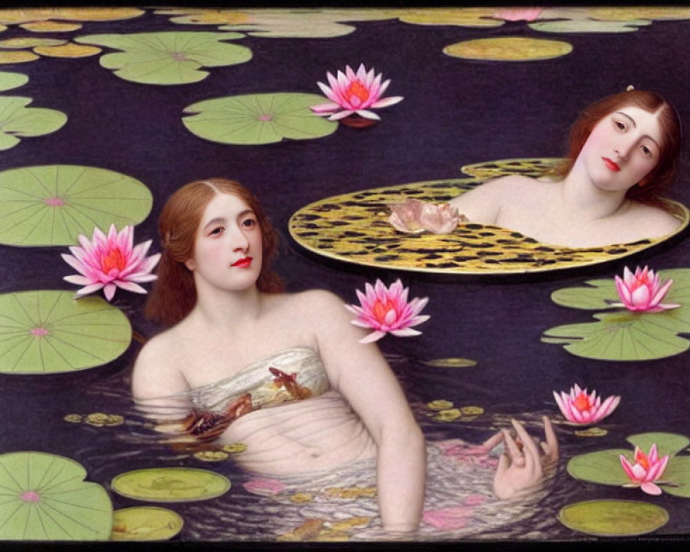 Classical female figures with modern faces in surreal pond scene