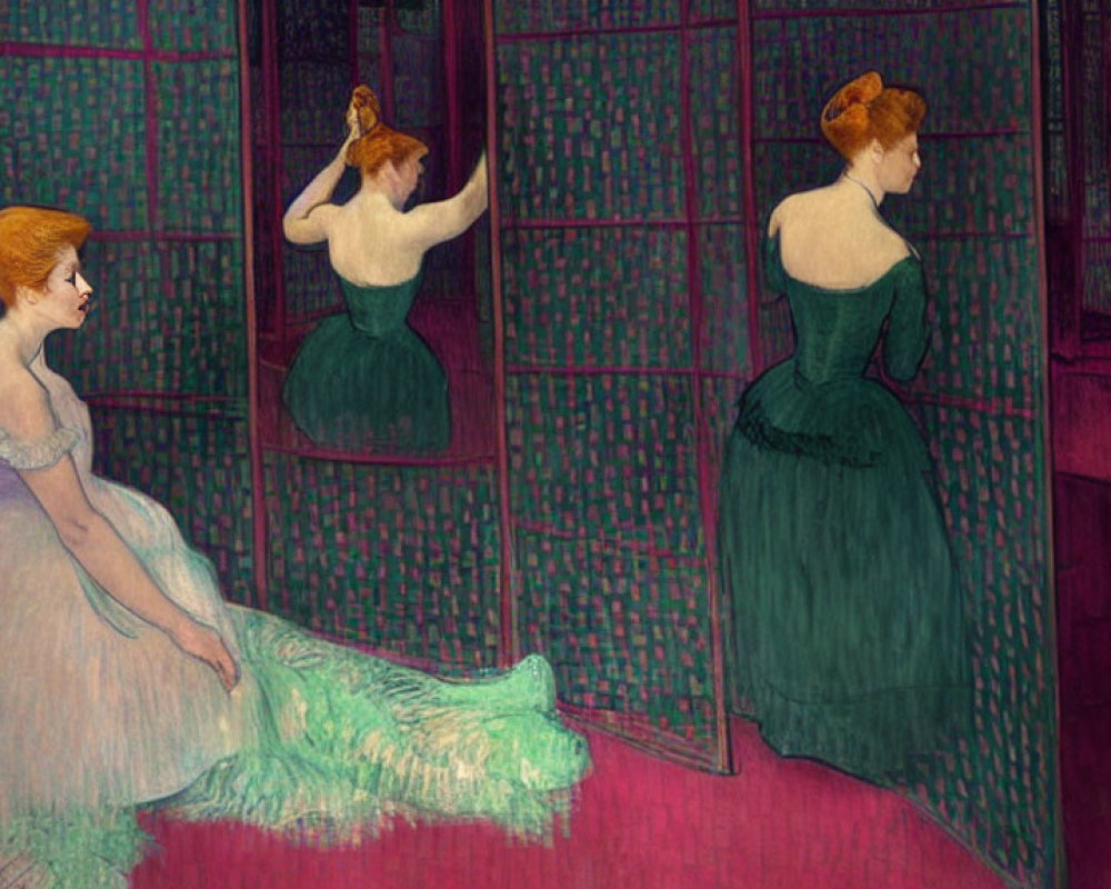 Portrait of Woman in Green Dress Reflecting in Mirrors on Pink and Green Background