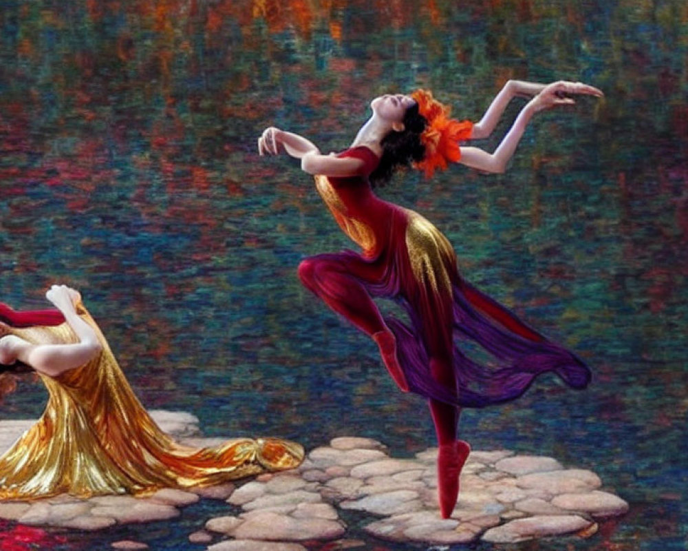 Two dancers with flowing red hair in colorful dresses on stone path against multicolored backdrop