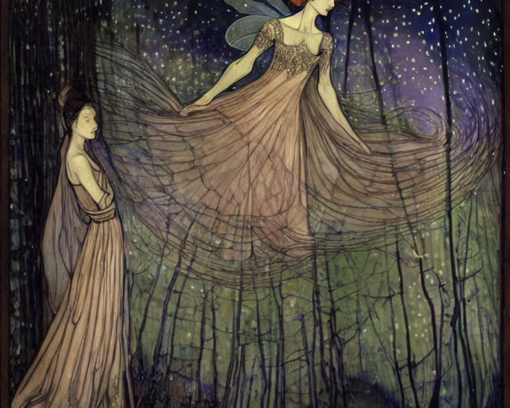 Illustration of two fairies in mystical forest under starry sky