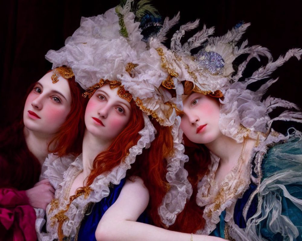 Three individuals with pale complexions and red hair in ornate white headdresses and period-style gowns