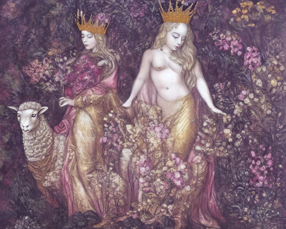 Two crowned women in ornate gowns with floral backdrop, one with a sheep, the other holding