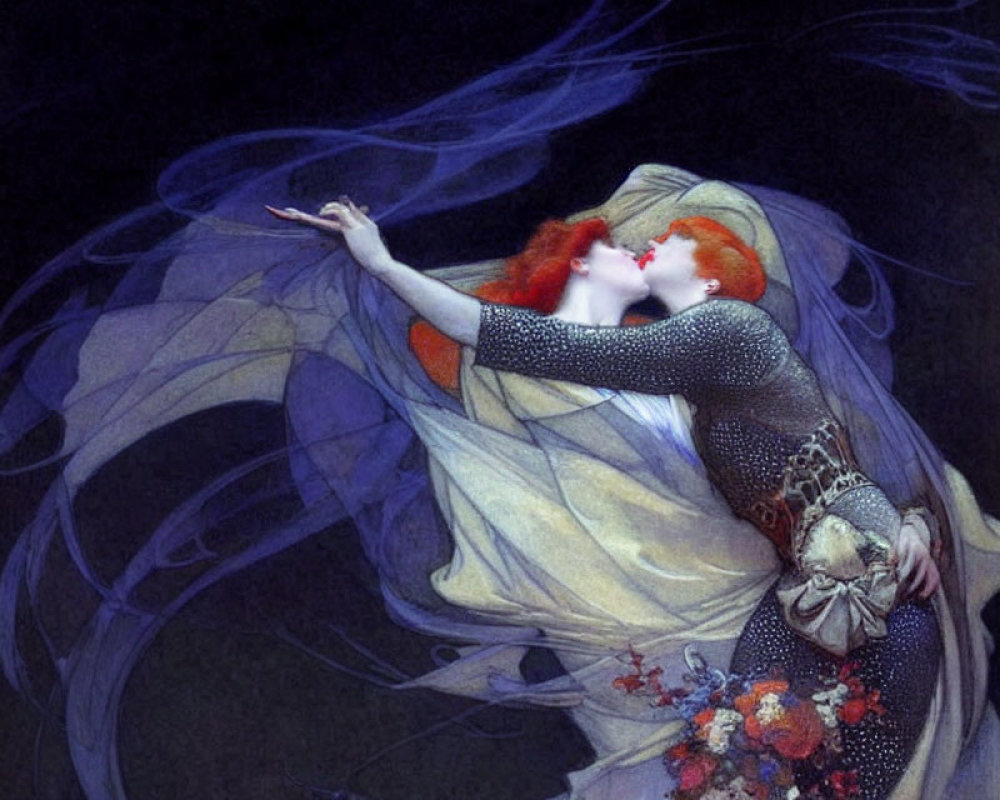Ethereal illustration of woman with flowing red hair in translucent robes