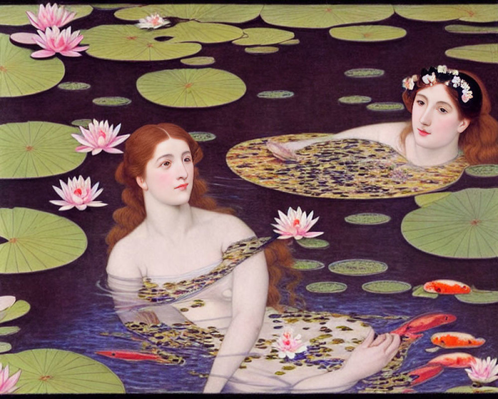 Surrealist artwork: Victorian ladies as swans on pond