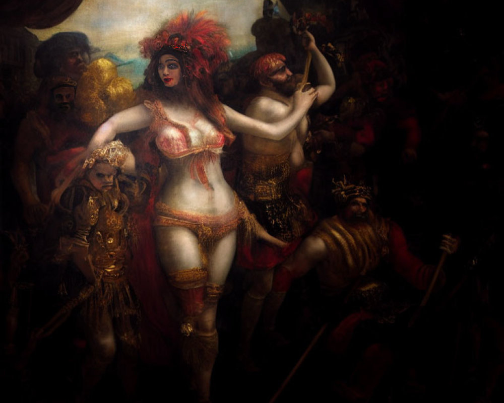 Fantasy-themed painting with female figure in red and white attire among armored warriors