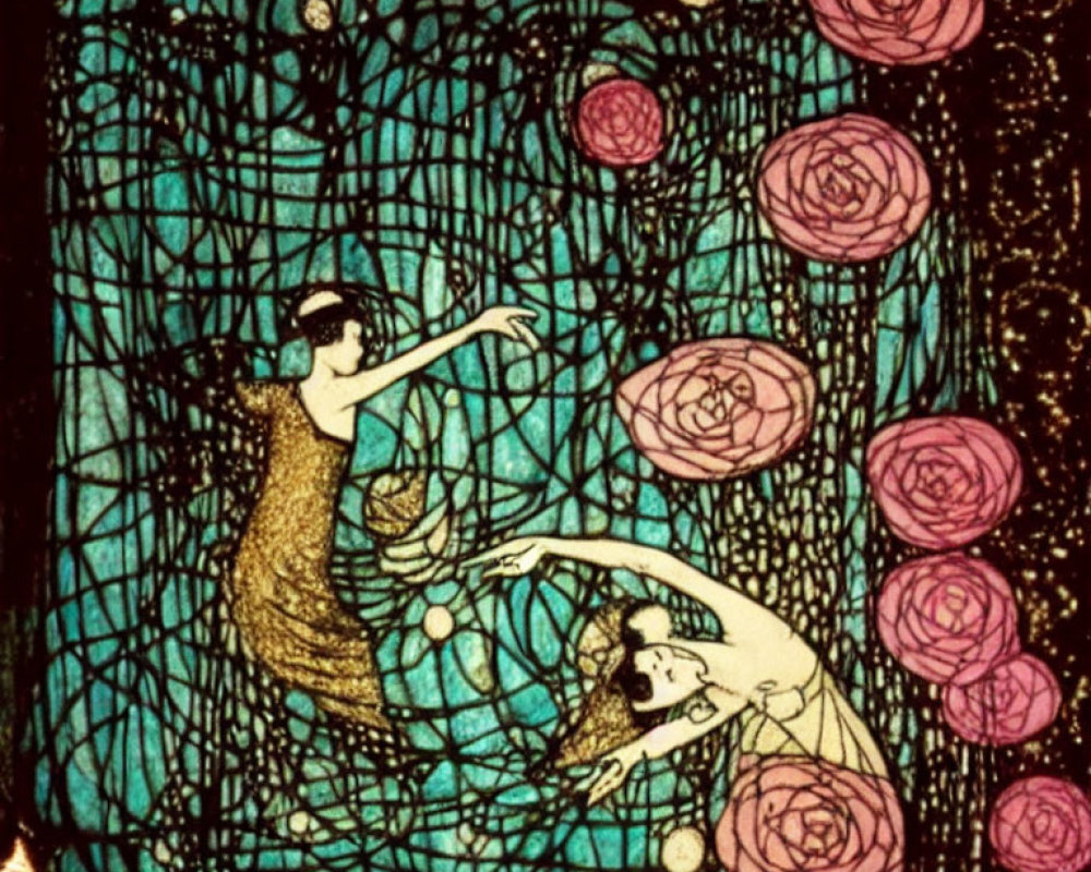 Art Nouveau Style Illustration of Two Figures Amongst Pink Roses on Dark Teal Background