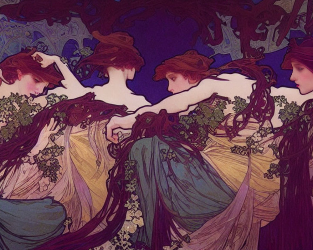 Ethereal female figures intertwined with nature and grapevines in Art Nouveau illustration