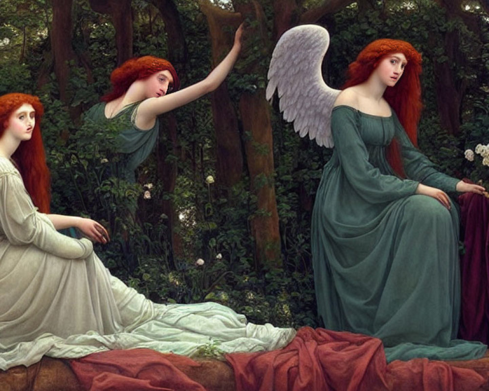 Ethereal women with wings in lush forest scene