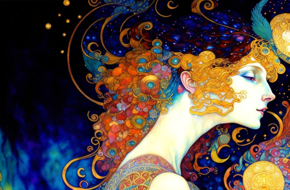 Colorful illustration of female figure with swirling hair and feathers on starry blue background