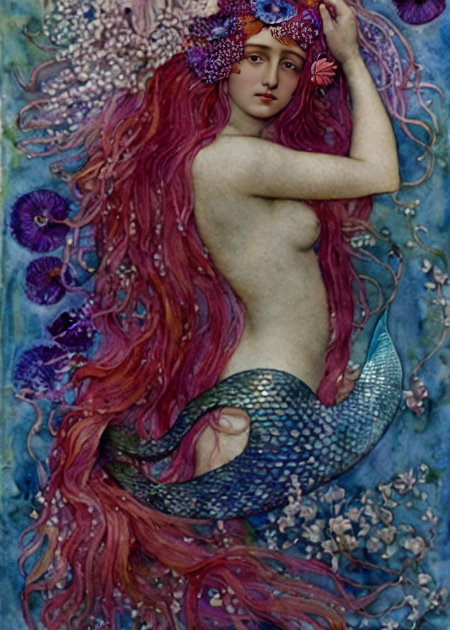 Surreal Mermaid Artwork with Red Hair and Teal Tail