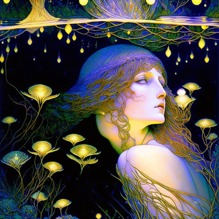 Woman with closed eyes surrounded by glowing mushrooms and droplets on dark blue background