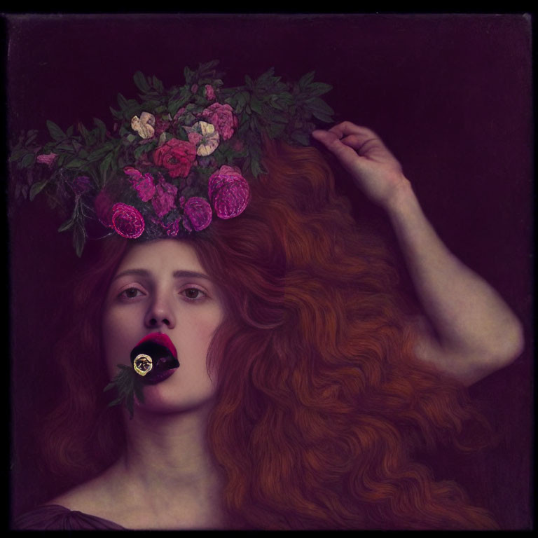 Red-Haired Woman with Pink Rose Wreath in Dark Background
