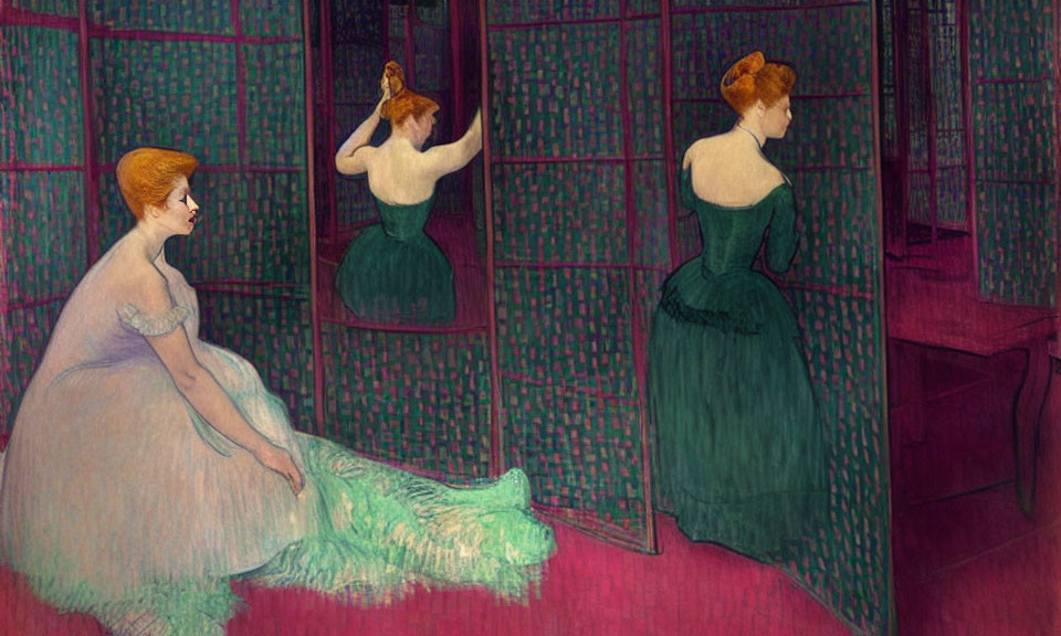 Portrait of Woman in Green Dress Reflecting in Mirrors on Pink and Green Background