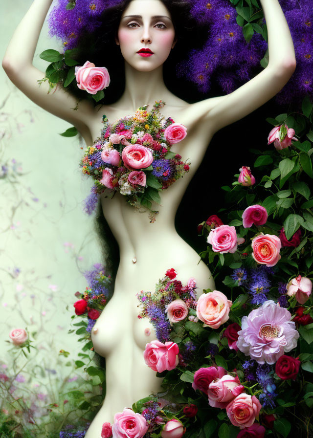 Pale-skinned woman with dark hair covered in vibrant flowers against green and purple backdrop