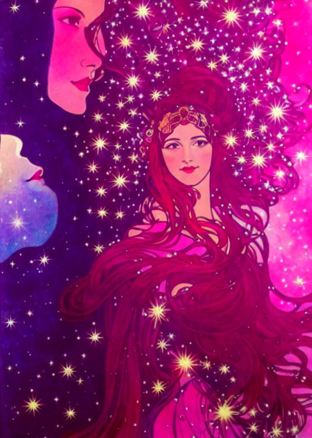 Colorful illustration of woman with red hair and golden headpiece amidst stars.