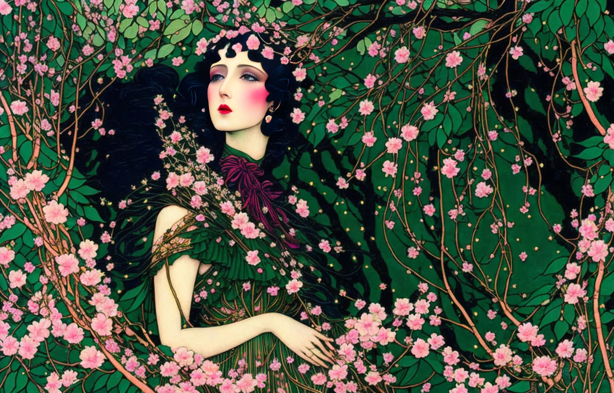 Illustrated woman with dark hair in pink blossoms and green foliage