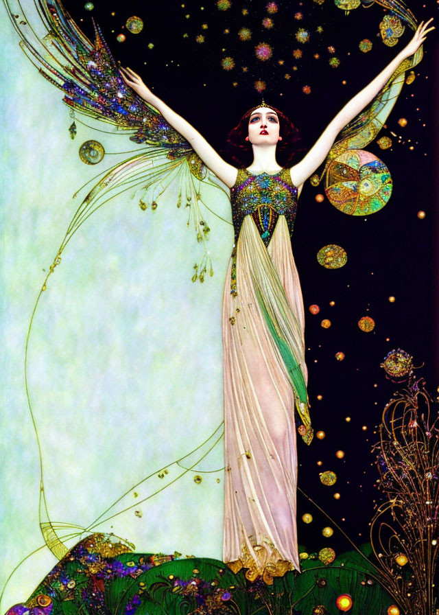 Art Nouveau style illustration of woman with outstretched arms and colorful wings