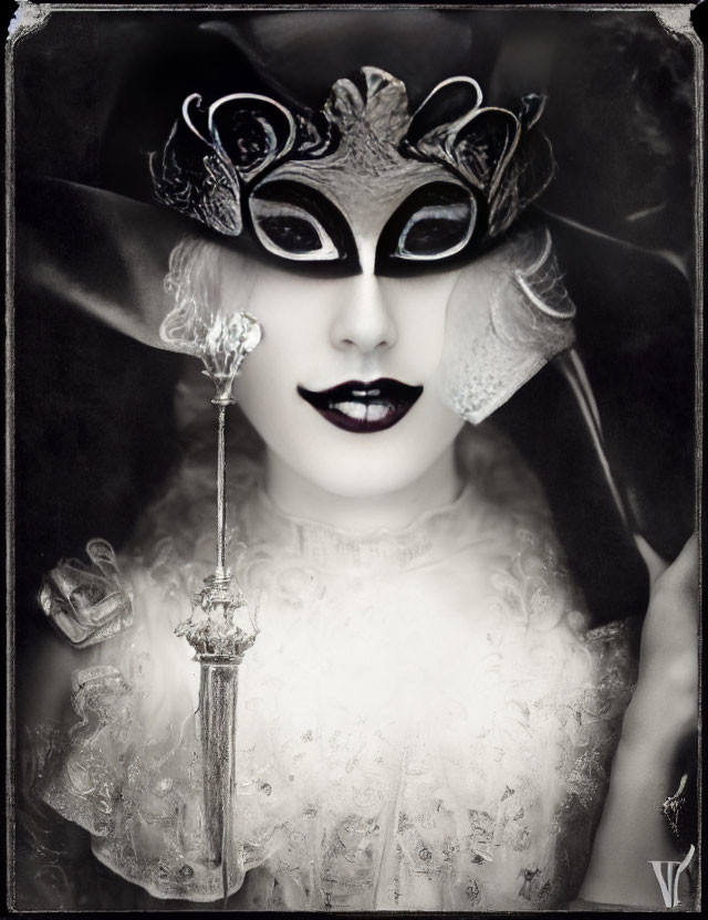 Monochrome photo of person in masquerade mask with dagger