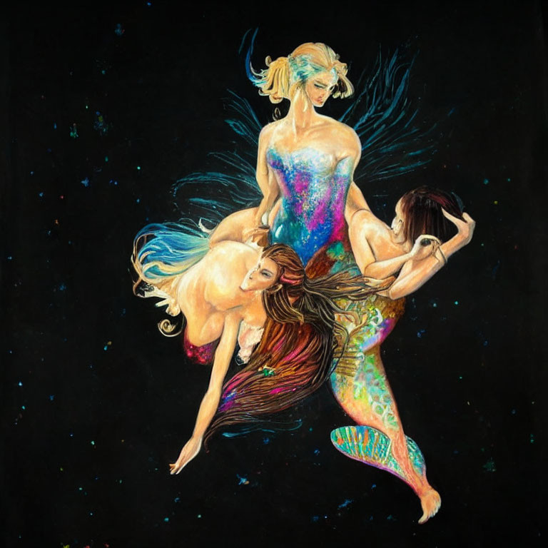 Ethereal women with mermaid tails in celestial space
