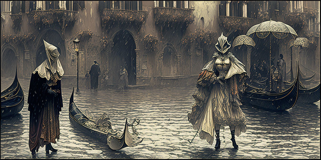 Renaissance figures in elaborate attire on rain-soaked quay