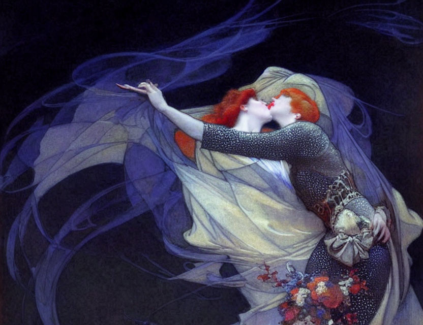 Ethereal illustration of woman with flowing red hair in translucent robes