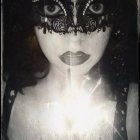 Monochrome photo of person in masquerade mask with dagger