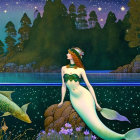 Mermaid with Glittery Tail in Night Sky with Castle and Stars