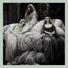 Four women in classical gowns and floral headpieces in sepia-toned photograph