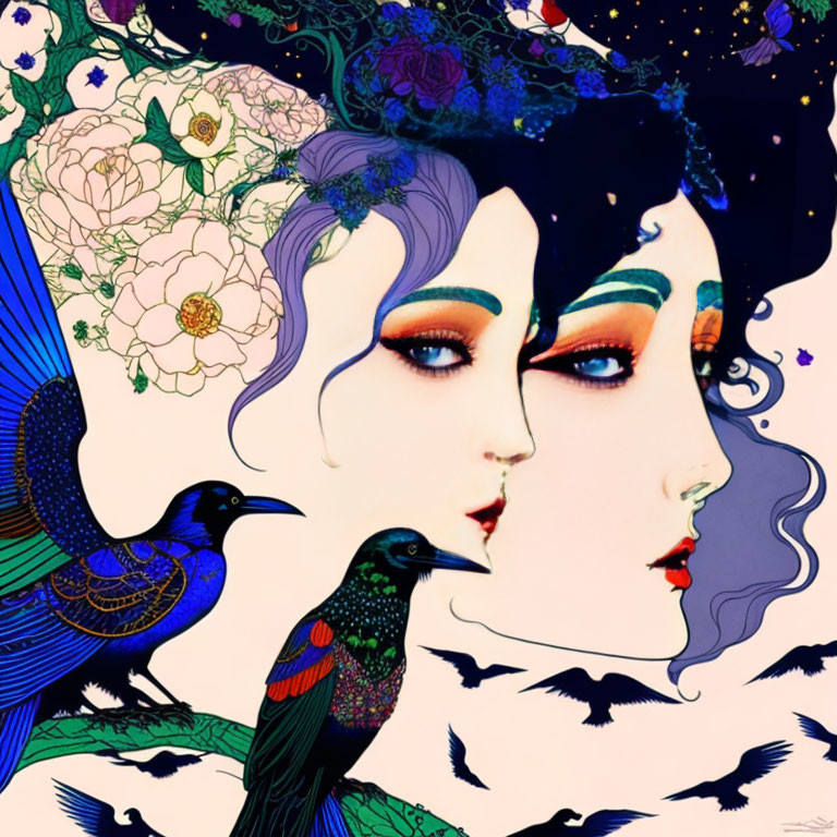 Colorful stylized female profile faces with floral and cosmic motifs