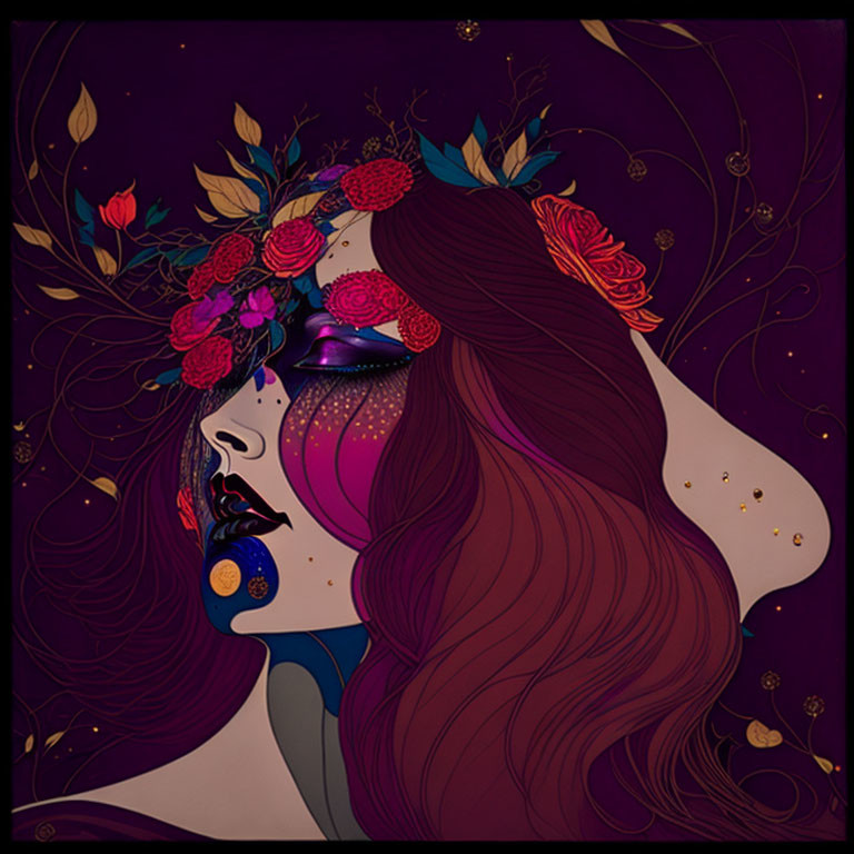 Woman with Flowing Hair and Vibrant Flowers in Surreal Illustration