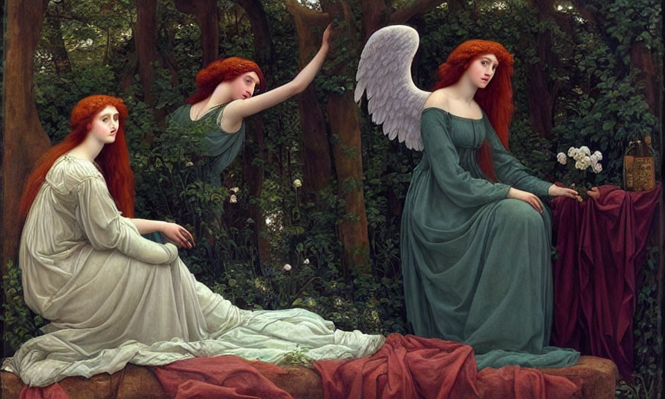 Ethereal women with wings in lush forest scene